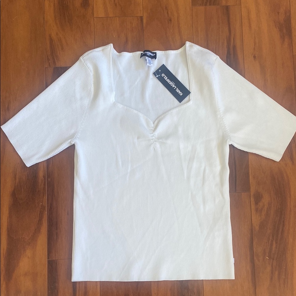 Karl Lagerfeld Paris Women's White Ribbed Sweater Plunge Top
